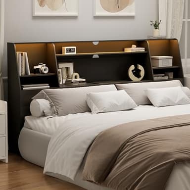 AYEASY King Size Headboard Only for Bed, Wood Bookcase Headboard with Charging Station & 2 LED Lights, Modern King Bookshelf Headboard with Storage, Noise-Free, Sturdy and Durable, Black