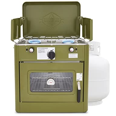 Hike Crew Outdoor Gas Camping Oven w/Carry Bag | CSA Approved Portable Propane-Powered 2-Burner Stove & Oven | Auto Ignition, Overheat Safety Shutoff, Built-In Thermometer | Hose & Regulator Included