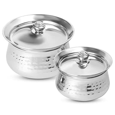 KSJONE Stainless Steel Biryani Handi Set | Premium Steel Hammered Finish Tope, Patila Handi | with Hammered Design, Tableware & Serveware for Home, Kitchen, Hotel & Restaurants (1.5 Quart & 2.5 Quart)