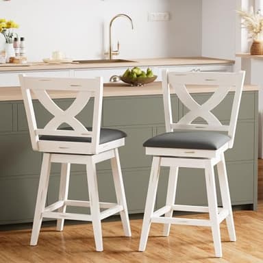 Buytime Swivel Bar Stools Set of 2, 24" Counter Height Swivel Barstools with Solid Footrest & Faux Leather Upholstered Seat, Island Chairs with Back for Kitchen, Dining Room, Antique White