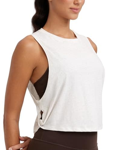 CRZ YOGA Pima Cotton Cropped Workout Tank Tops for Women - Sleeveless Sports Athletic Yoga Running Gym Crop Shirts Deep Armhole-Ice Grey/White Small