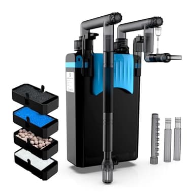 FZONE Aquarium Hang on Back Filter, 4 Stage HOB Filter for Mini and Nano Desktop Tanks, 106GPH Adjustable Flow, with Rainfall, Duckbill, Direct Flow outlets.