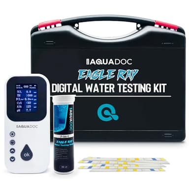 Eagle Ray Digital Water Testing Kit for Spa & Pool - Digital Hot Tub Water Tester by AquaDoc with Analyzer & Hot Tub Test Strips for Chlorine, Bromine, Total Hardness, pH and More