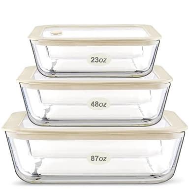 Urban Green Glass Food Container Set with Silicone Glass Lid, 3 Pack, Airtight, LeakProof, 100% Plastic Free, Meal Prep Containers (White Color)