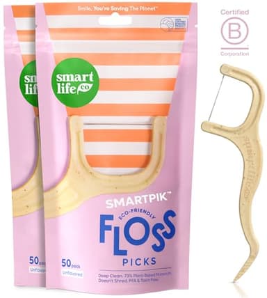 SmartLifeco Eco-Friendly Dental Floss Picks (100ct) - Flossers Made With Straw Wheat Blend, Strong Anti-Shred Thread For Tight Gaps, Tooth Pick Stick For Adults, Soft on Gum & Teeth, Vegan, Unflavored