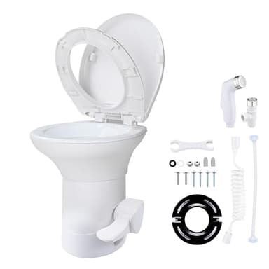 Yescom RV Toilet with Bidet Spray Porcelain Enamel Elongated Gravity Flush Foot Pedal Toilet for Motorhome Caravan Travel Tailer 20" Seating Height Portable Restroom Toilet Fits for Marine