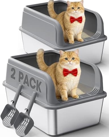 2-Pack Stainless Steel Cat Litter Box for Kitty with Scoops, Non-Stick & Easy-to-Clean Metal Cat Litter Box with Leakproof Enclosure, Grey