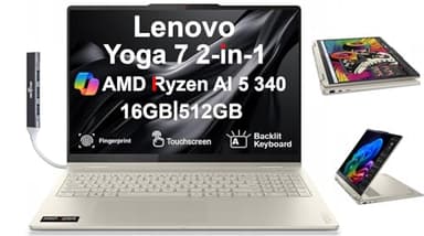 Lenovo Yoga 7 2-in-1 Copilot+ Laptop 16.0" Touch IPS WUXGA Display (AMD Ryzen AI 5 340 (Up to 50 Tops), 16GB LPDDR5X, 512GB SSD, Backlit KB, FP, WiFi 7, HD Webcam, Win 11 Pro) w/DKZ USB Port Expander