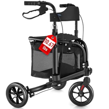 WALK MATE 3 Wheel Rollator Walker with Seat for Slim Seniors, Padded Backrest Lightweight Foldable Walker Ideal for Elderly, 8 Inch Tri-Wheel Modern Mobility Walking Aid Aluminum, Black