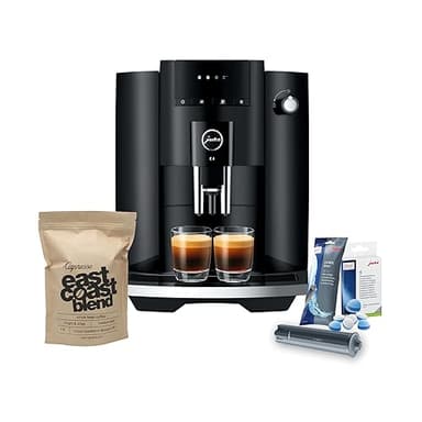 Jura E4 Automatic Coffee Machine (Piano Black) with CLEARYL Smart+ Water Filtration, 6 Cleaning Tablets and East Coast Blend Whole Bean Coffee (4 Items)