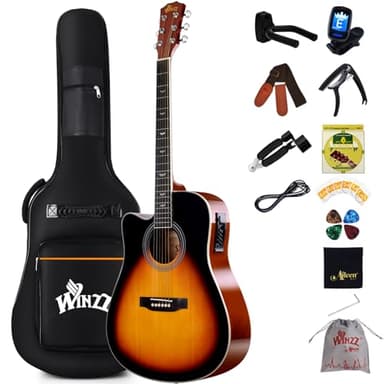 Winzz 4/4 Electro Acoustic Guitar, Left-Handed Western Guitar Set, Adult Beginners, Acoustic Guitar 41 Inch with 4-Band Equaliser (Dreadnought,Glossy Sunburst)