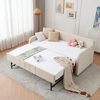 Deolme Twin to King Daybed with Trundle, USB Ports, Velvet Upholstered Daybed with Pop Up Trundle Bed, Modern Extendable Day Bed Frame for Kid Adult Bedroom Living Room Guest Room Small Places Beige