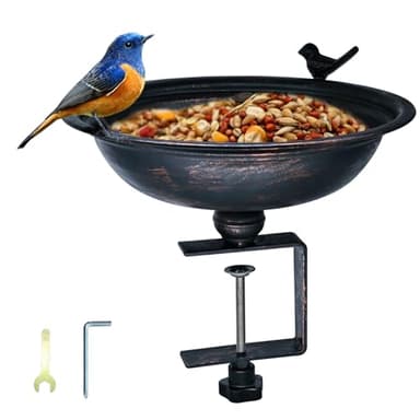 12-Inch Metal Bird Bath and Feeder for Outdoors, Deck Mounted Bird Bath with Detachable Basin, Garden Bird Bath for Balcony, Porch, and Railing, Outdoor Bird Decor, Bronze Color, Easy to Clean