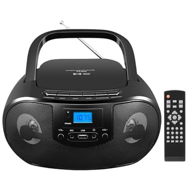 Portable CD Player Boombox with FM Radio, Top Loading CD Stereo Boom Box for Home, Bluetooth, Remote Control, LED Light, Headphone/Mic Jack, Support CD-R/RW/MP3-CD, USB, LCD Display, Black