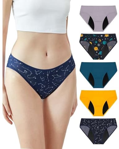Neione Period Underwear for Women Plus Size, Leakproof Menstrual Panties High Cut Cheeky Bikini Briefs, Soft Stretch Postpartum Comfort 5 Pack Galaxy XX-Large