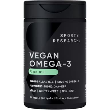 Sports Research Vegan Omega-3 Fish Oil Alternative from Algae Oil - Highest Levels of Vegan DHA & EPA Fatty Acids | Non-GMO Tested - 60 Veggie Softgels (Carrageenan Free)