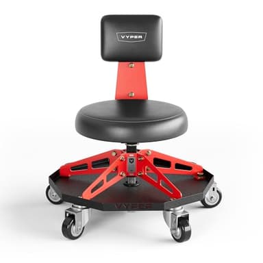 Vyper Robust Steel Sport Shop Chair for Mechanics, Automotive, DIY - Made in USA - 300 lb Capacity Garage Stool with Backrest & Large Wheels (Black Seat, Red Frame)