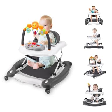 Baby Walker, 5-in-1 Baby Walkers for Boys and Girls 6-12 Months with Bouncer, Removable Footrest, Feeding Tray & Music, Foldable & Adjustable Activity Walker for 6-18 Months Toddler Infant