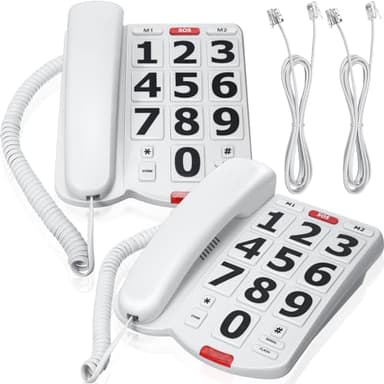 Tellegloww 2 Pcs Big Button Phone for Seniors Corded Landline Telephone One Touch Dialling Adjustable Loud Ringer and Speaker for Hearing and Visually Impaired Large Key Telephone, White