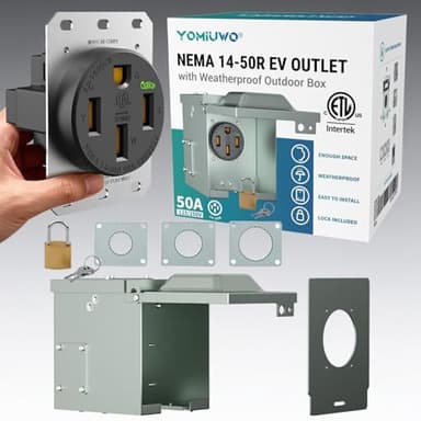 50 Amp EV Charging Receptacle/Nema 14-50 EV Outlet with Waterproof Box Kit: Heavy Duty Straight Blade Device, U-Shaped Brass Clamp -Industrial Grade, 3-Pole 4-Wire Grounding,125/250V,ETL Listed