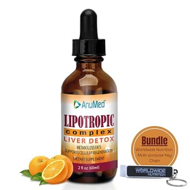 Worldwide Nutrition Bundle: Anumed Lipotropic Complex - Folic Acid, Vitamin B12, Vitamin B6 - Non GMO, Gluten Free, Easy-to-Use 2oz Lipotropic Drops with Multi-Purpose Key Chain