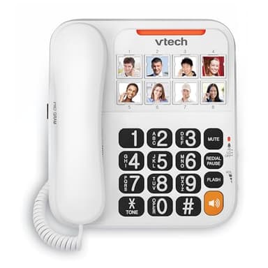 VTech Corded Senior Phone for Elderly with High-Contrast Large Buttons, 8 Photo Speed Dial, Talking Digits, Visual Ringer, Full-Duplex, No AC Power, Earpiece and Speakerphone Volume Control | SN1117