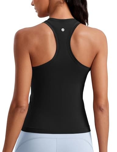 CRZ YOGA Seamless Womens Breathable Workout Tank Tops Racerback High Neck Sleeveless Running Athletic Shirts Black Medium