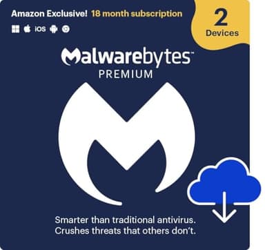 Malwarebytes Premium | Amazon Exclusive | 18 Months, 2 Devices | Windows, Mac OS, Android, Apple iOS, Chrome [Online Code]