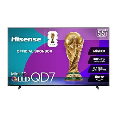 Hisense 55" Class QD7 Series Mini-LED 4K UHD Smart Fire TV (55QD7QF, 2025 Model) - QLED, HDR10+, Dolby Vision, Dolby Atmos, Game Mode Plus, ALLM, Alexa Built in with Voice Remote, Streaming TV, Black