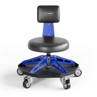 Vyper Robust Steel Sport Shop Chair for Mechanics, Automotive, DIY - 300 lb Capacity Garage Stool with Backrest & Large Wheels (Black Seat, Blue Frame)