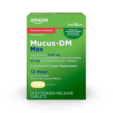 Amazon Basic Care Maximum Strength Mucus DM, Expectorant and Cough Suppressant, Chest Congestion Relief, 12 Hour, 14 Tablets