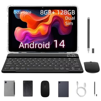 Android Tablet 10inch with Keyboard 4G LTE Dual SIM Octa-Core Processor 8GB RAM 128GB ROM 1TB Extended, Full HD IPS Touchscreen Dual Camera,WiFi/Bluetooth Gaming Tablet with Leather Case Mouse Stylus