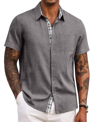 COOFANDY Men's Summer Shirt Casual Button Down Shirts Short Sleeve Dress Shirt A-Dark Grey
