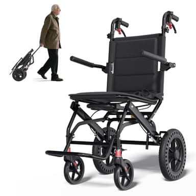 Ultra-Lightweight Folding Wheelchair, Travel Wheelchairs with Foldable Pedals and Flip-Backs Arms, Handbrake & Telescopic Handle, Handle Manual Wheelchair 12" Wheel