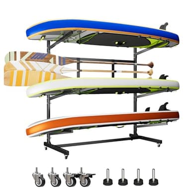 METAN Upgraded Wide Metal Kayak Storage Rack 3 Levels,59’’Wide Freestanding Heavy Duty Adjustable Kayak Stand Indoor Outdoor Storage Rack Garage with Wheels,Black,Assembly Required