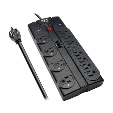 Eaton Tripp Lite TLP1208TEL Home Theater Surge Protector Power Strip, 12 Outlets, Flat Plug 8ft Extension Cord, 2160 Joules | RJ11 Port for Phone Land Line Protection