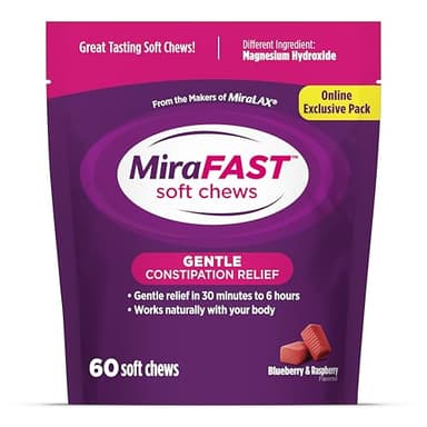 MiraFAST Soft Chews, from The Makers of MiraLAX, Gentle Constipation Relief, Fast Acting, Stimulant Free Saline Laxative, Magnesium Hydroxide, Blueberry & Raspberry Flavor, 60ct