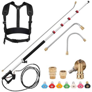 RIDGE WASHER 24 FT Telescoping Pressure Washer Wand, Pressure Washer Extension Wand, Telescopic Gutter Cleaner With 3 Curve Wands, 7 Spray Nozzle Tips, Adjustable Support Belt and 2 Adapters, 4000 PSI