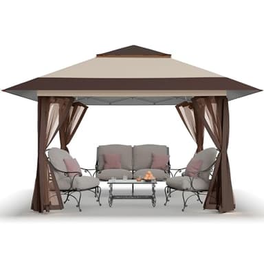 CROWN SHADES 13x13 Pop Up Gazebo, Canopy Tent, Gazebos on Clearance - Outdoor Gazebo for Backyard & Patio Furniture - Carpa Pop Up Tent with Wheeled STO-N-Go Cover Bag (Beige & Coffee)
