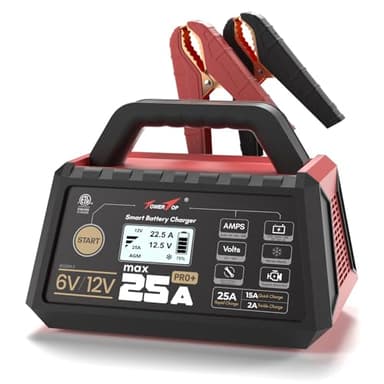 TowerTop 25A Pro+ Battery Charger, 6V/12V Car Battery Charger Fully Automatic Smart Battery Maintainer with Engine Start, Auto Desulfator, Battery Repair, for All Lead-Acid, AGM and LiFePO4 Batteries