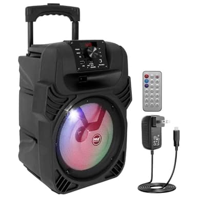 Pyle 400W Portable Bluetooth PA Loudspeaker - 8” Subwoofer System, 4 Ohm/55-20kHz, USB/MP3/FM Radio/ ¼ Mic Inputs, Multi-Color LED Lights, Built-in Rechargeable Battery w/ Remote Control -PPHP844B