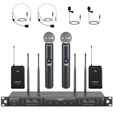 Phenyx Pro 4-Channel Wireless Microphone System w/Auto Scan, 4x40 UHF Frequencies, 2 Handheld Dynamic Mics, 2 Bodypacks & Headsets/Lapel Microphones for Singing, DJ, Church (PTU-7000-2H2B)
