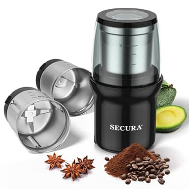 Secura Electric Coffee Grinder, Press Control Spice Grinder for Coffee Bean Seeds Herbs with 2 Stainless Steel Blades Removable Bowls, Black
