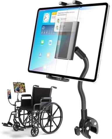 Charchendo Tablet Holder for Wheelchair Handle, Wheelchair Phone Tablet Mount with 9.45" Aluminum Arm 360° Rotation Adjustment Compatible with 4-13'' iPad Pro/Air/Mini, iPhones, Galaxy Z, E-Book