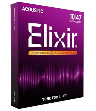 Elixir Strings, Acoustic Guitar Strings, Phosphor Bronze with NANOWEB Technology, Longest-Lasting Rich and Full Tone For Life with Comfortable Feel, 12 String Set, 12-String Light 10-47