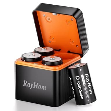RayHom Rechargeable D Batteries with Charger, 4Pack 10000mAh NiMH D Cell Batteries, Low Self Discharge, 4 Slot NiMH Battery Charger with Type-C Input