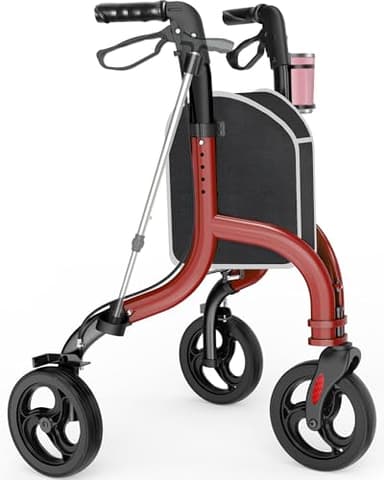 3 Wheel Walkers for Seniors, Foldable Wheeled Rollator with Cane Hold and Cup Hold, Lightweight Three Wheel Rolling Walker Height Adjustable for Seniors,Burgundy