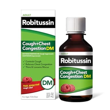Robitussin Cough and Chest Congestion DM, Cough Suppressant and Expectorant, Raspberry Flavor - 8 Fl Oz Bottle