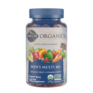 Garden of Life Organics Men 40+ Gummy Vitamins - Berry - Certified Organic, Non-GMO, Vegan, Kosher Complete Multi - Methyl B12, C & D3 - Gluten, Soy & Dairy Free, 120 Real Fruit Gummies