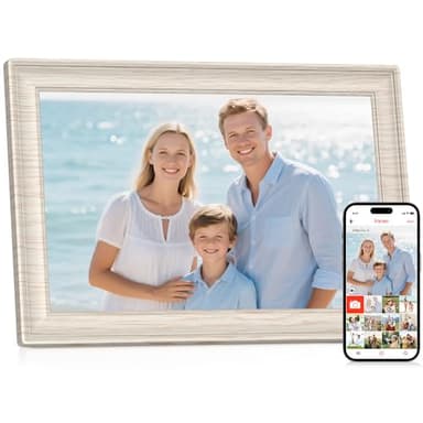 Frameo 10.1" WiFi Digital Picture Frame with 32GB Memory, 1280 x 800 IPS HD Touch Screen Electronic Photo Frame, Auto-Rotate, Slideshow, Share Photos/Video Remotely Anywhere White Wood Grain